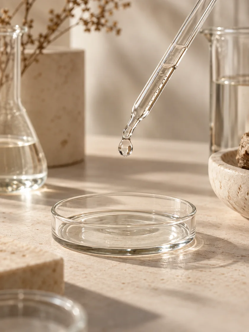 Pipeta com sérum e instrumentos de vidro em bancada de laboratório