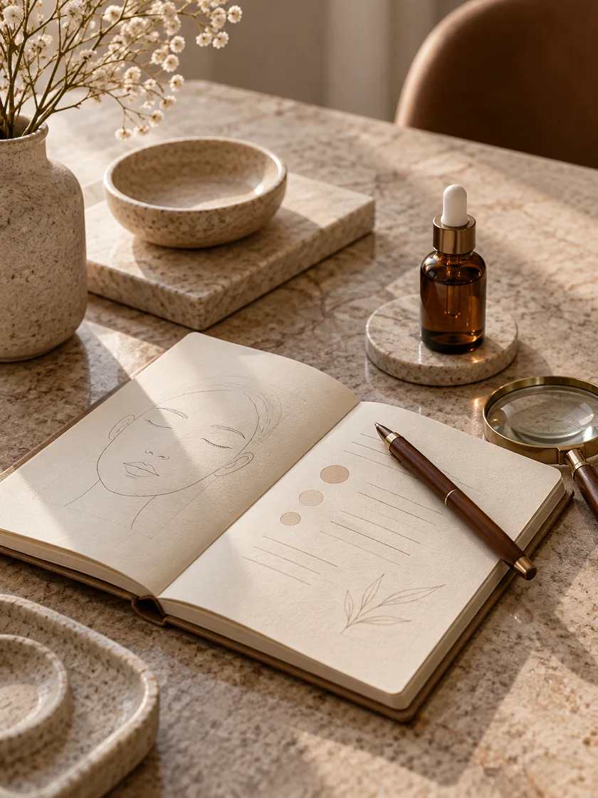 Caderno de planejamento individual, lente de análise e sérum sobre uma mesa