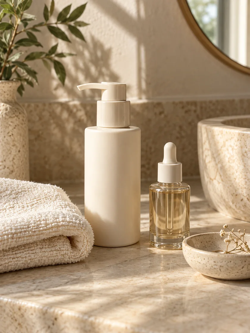 Produtos de skincare e toalha organizados para uma rotina de cuidado